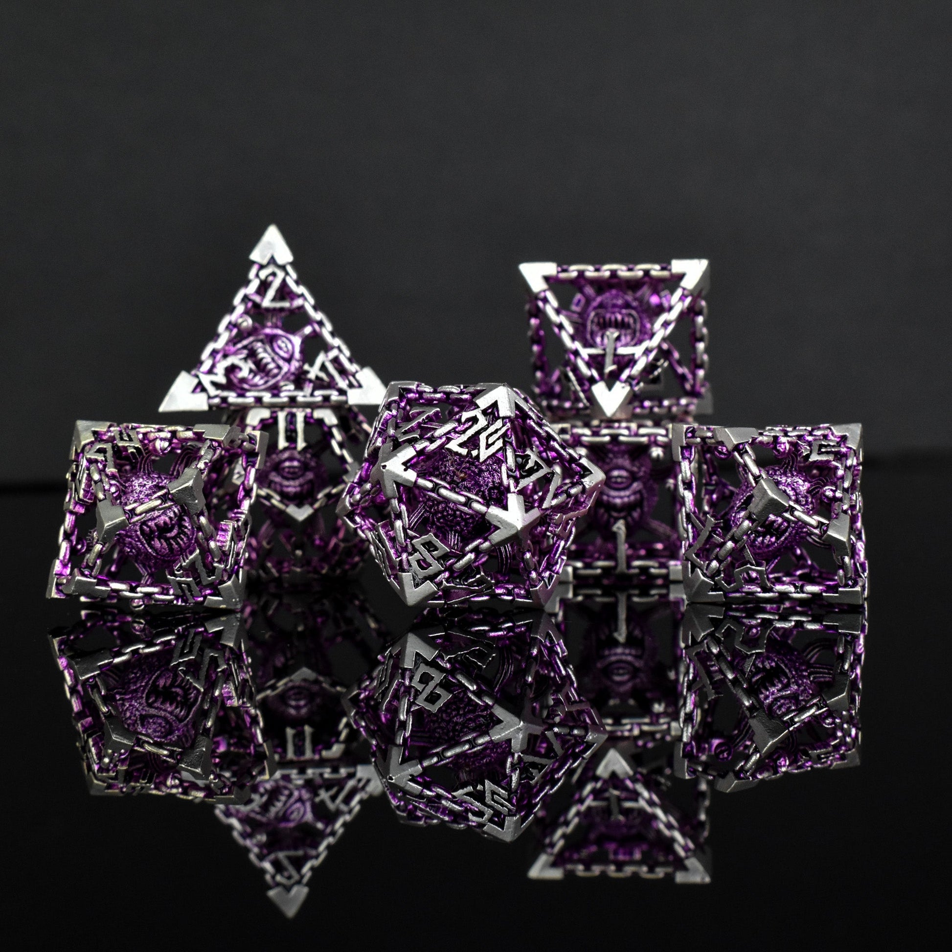 Beholder's Gates Hollow Metal Dice Set - Purple and Silver