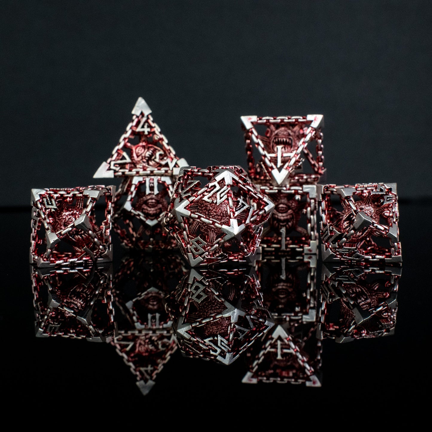 Beholder's Gates Hollow Metal Dice Set - Red and Silver