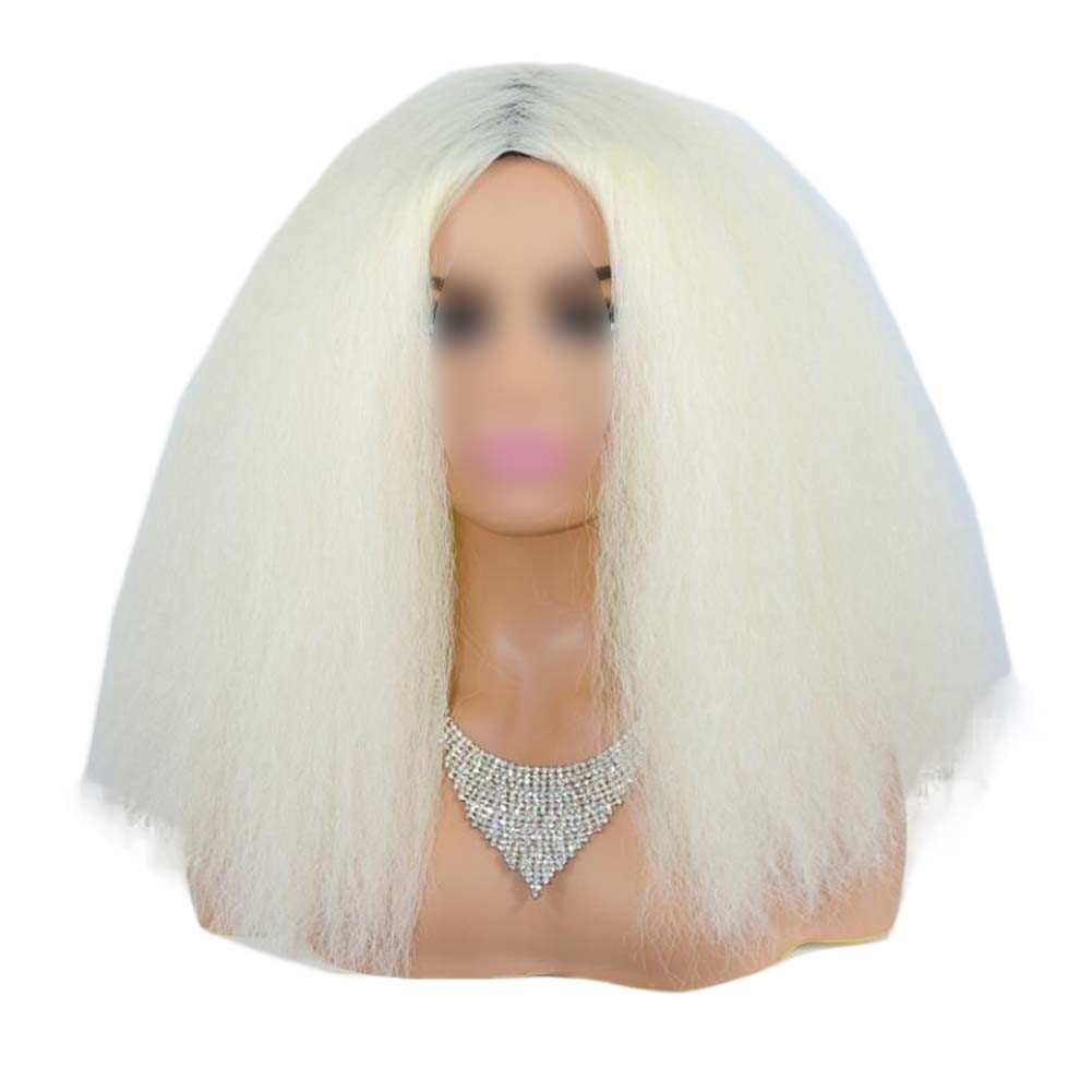 Beige White Afro Straight Bob Wigs Fluffy Synthetic Hair Yaki  Curly Medium Part Bang Full Wigs, 14Inch