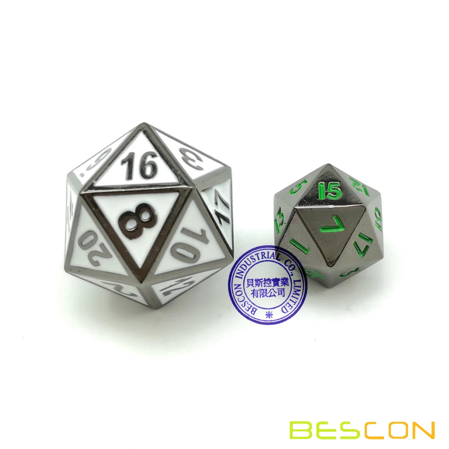 Bescon 10MM Mini Solid Metal Dice Set Glossy Metallic Surface with Green Numbers, Mini Metal Polyhedral D&D RPG Dice 7-set