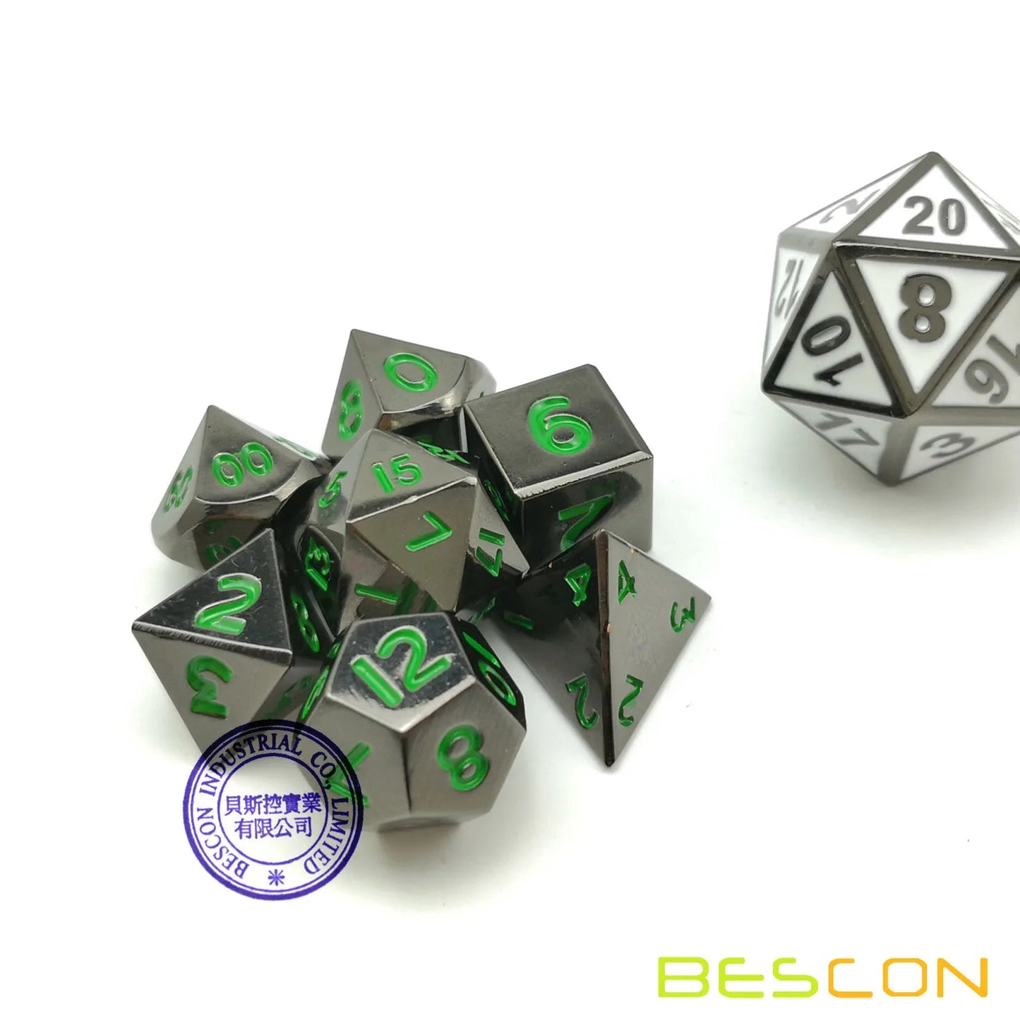 Bescon 10MM Mini Solid Metal Dice Set Glossy Metallic Surface with Green Numbers, Mini Metal Polyhedral D&D RPG Dice 7-set