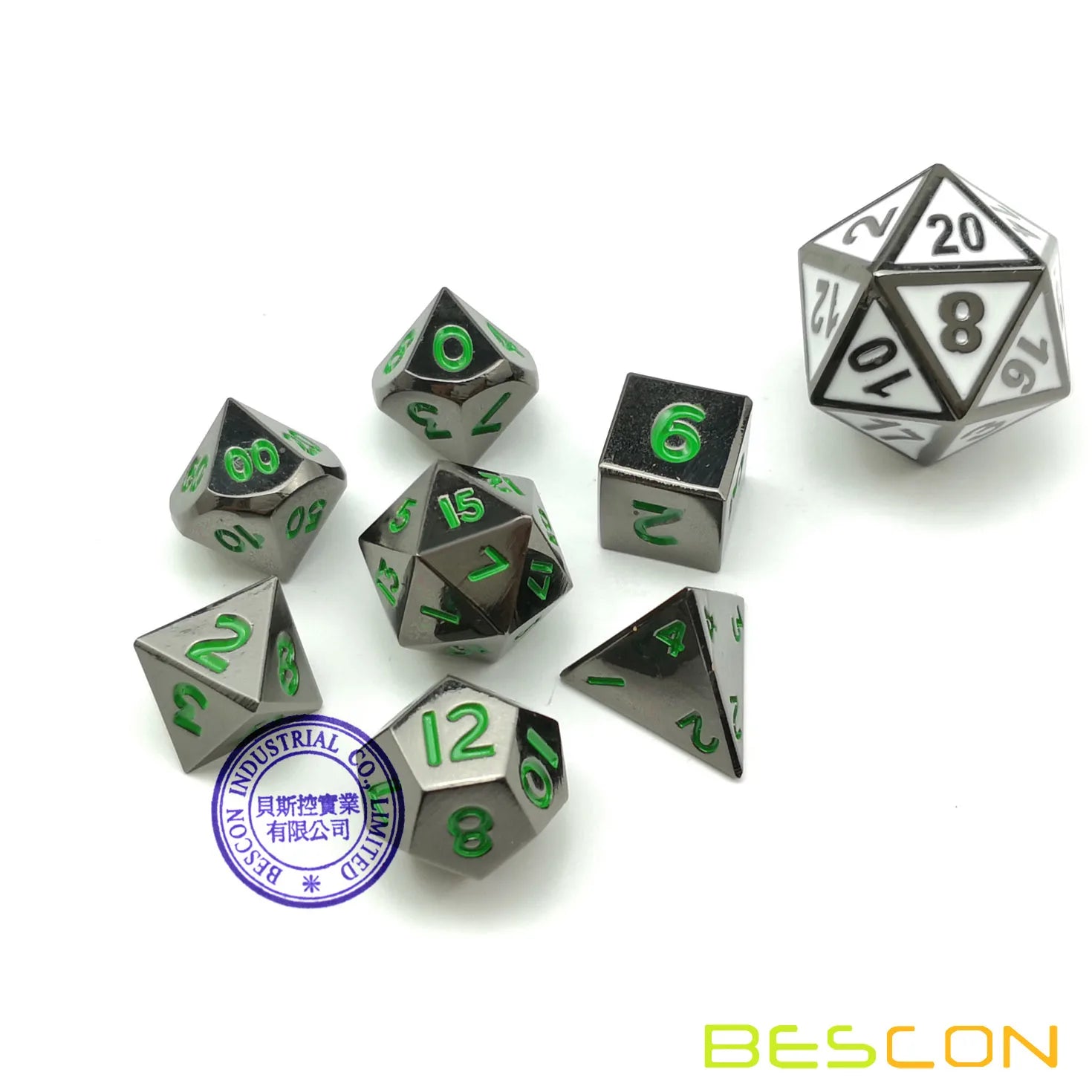 Bescon 10MM Mini Solid Metal Dice Set Glossy Metallic Surface with Green Numbers, Mini Metal Polyhedral D&D RPG Dice 7-set