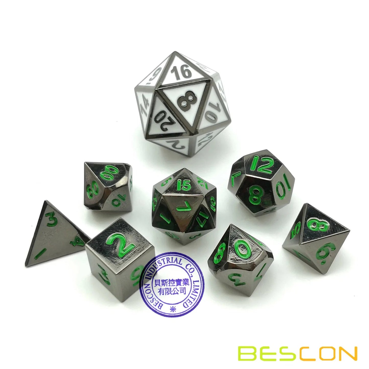 Bescon 10MM Mini Solid Metal Dice Set Glossy Metallic Surface with Green Numbers, Mini Metal Polyhedral D&D RPG Dice 7-set