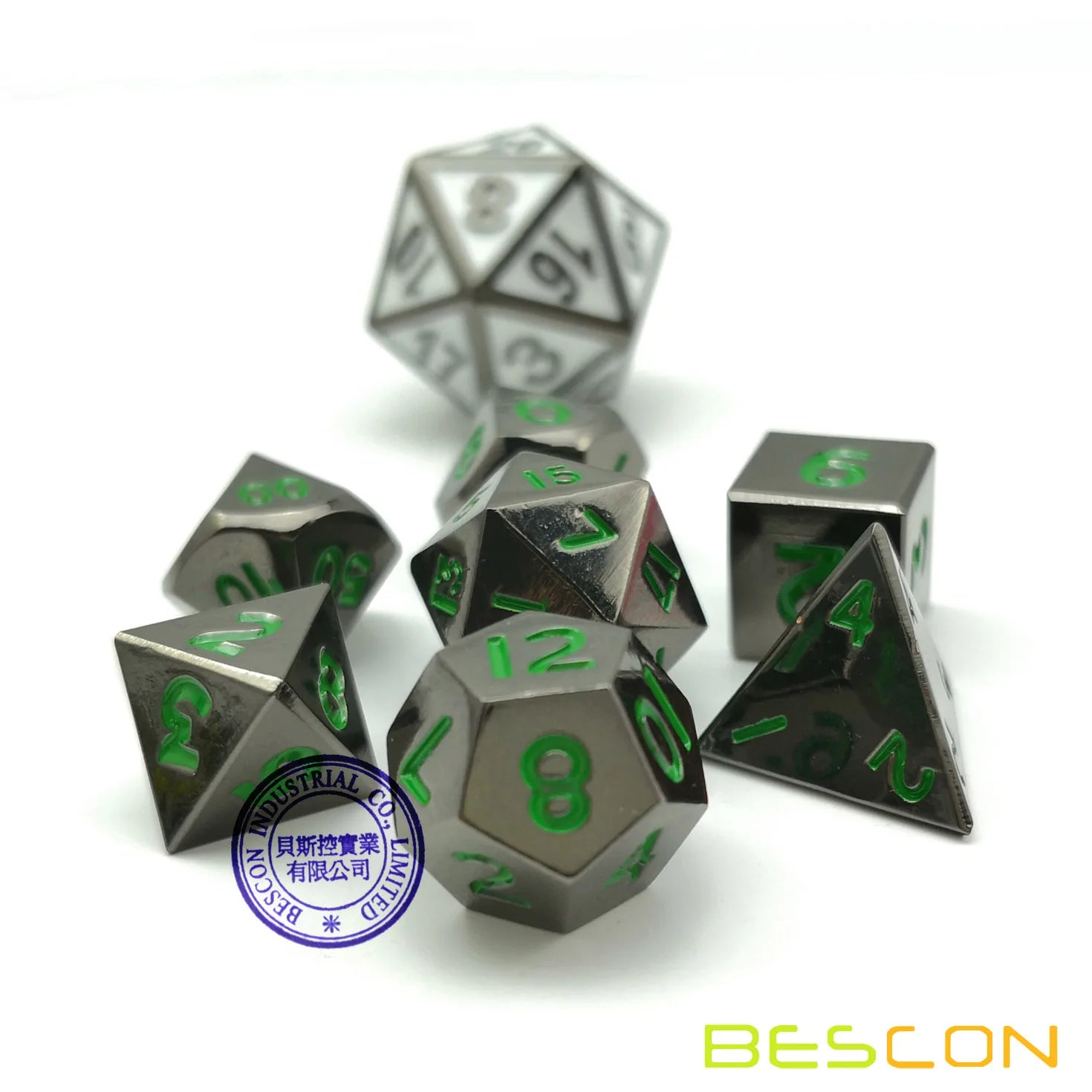 Bescon 10MM Mini Solid Metal Dice Set Glossy Metallic Surface with Green Numbers, Mini Metal Polyhedral D&D RPG Dice 7-set