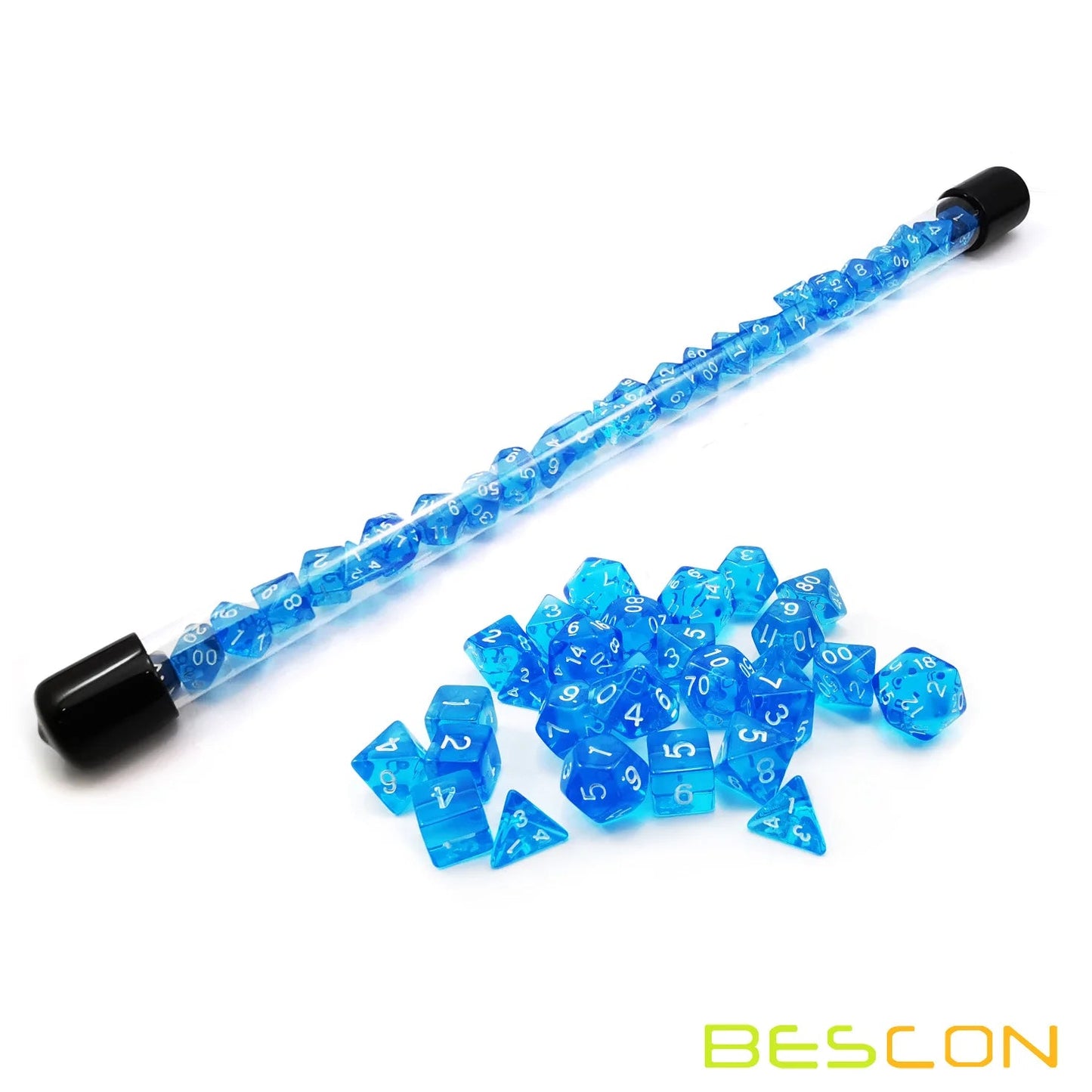 Bescon 28pcs Translucent Blue Mini Polyhedral Dice Set in Tube, Mini RPG Dice 4X7pcs,Mini Gem Blue Dice Tube Set