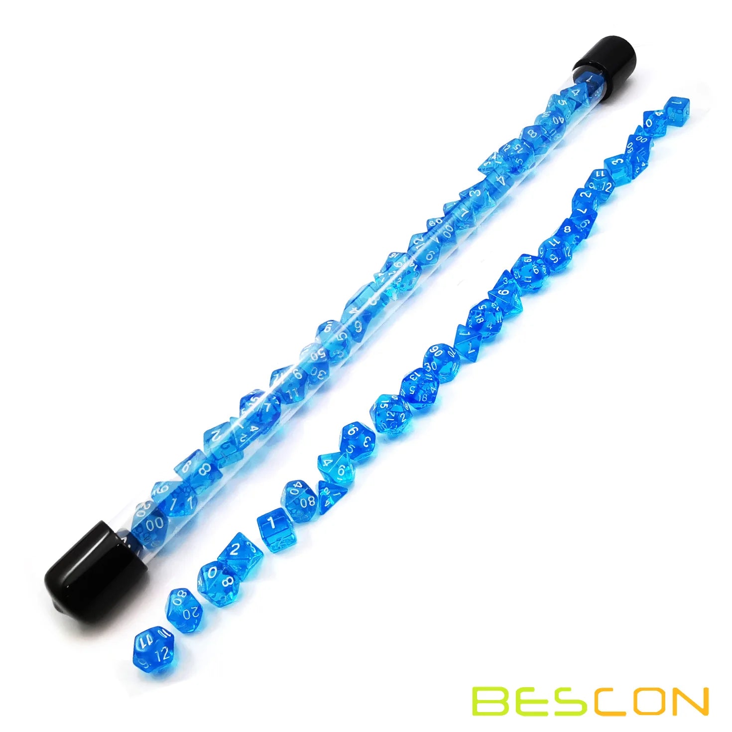 Bescon 28pcs Translucent Blue Mini Polyhedral Dice Set in Tube, Mini RPG Dice 4X7pcs,Mini Gem Blue Dice Tube Set