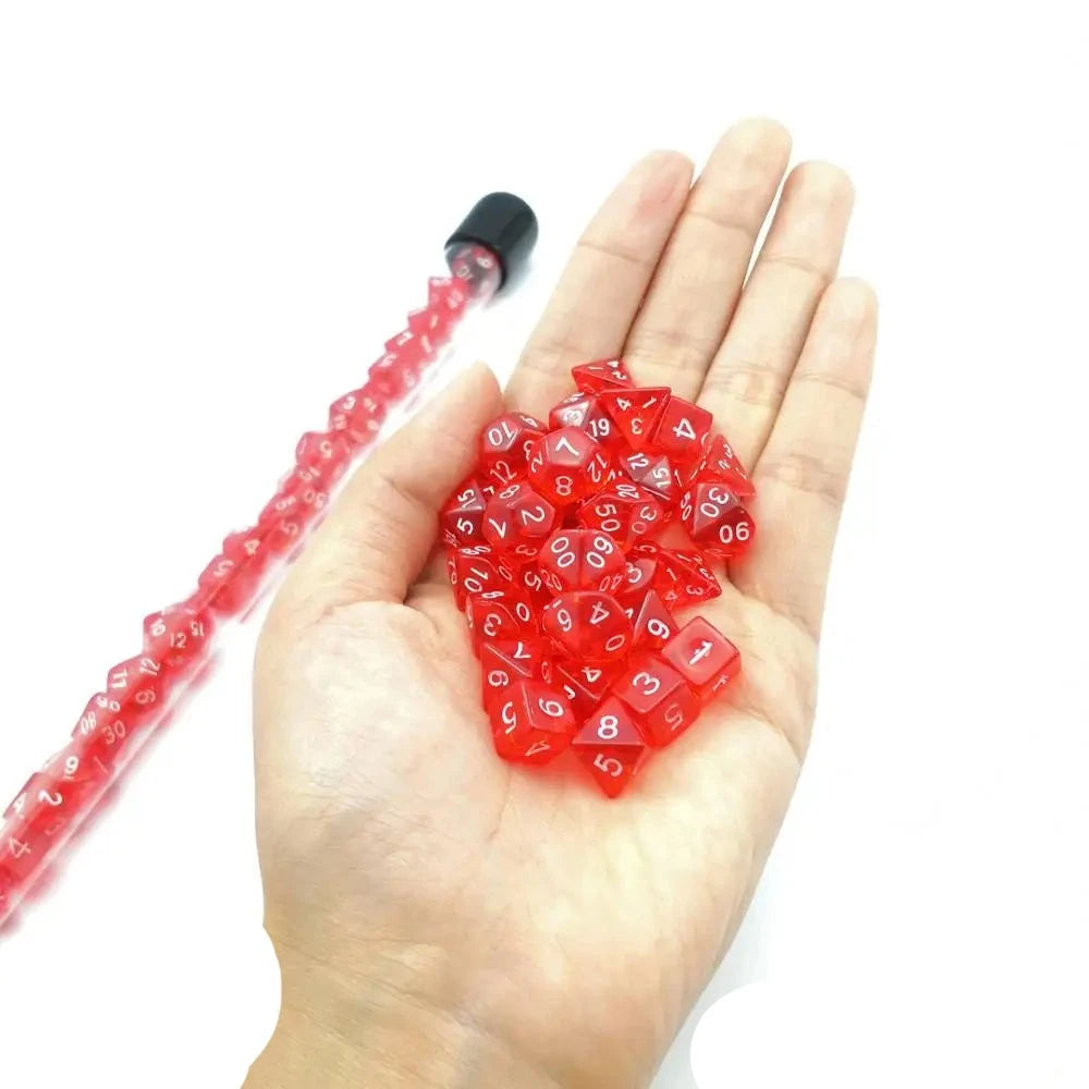 Bescon 28pcs Translucent Red Mini Polyhedral Dice Set in Tube, Mini RPG Ruby Dice 4X7pcs, Mini Ruby Gem Dice Set