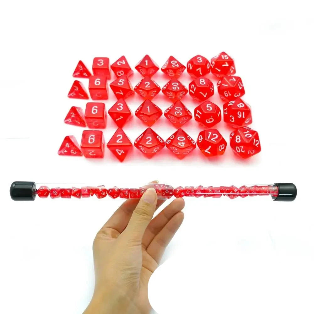 Bescon 28pcs Translucent Red Mini Polyhedral Dice Set in Tube, Mini RPG Ruby Dice 4X7pcs, Mini Ruby Gem Dice Set