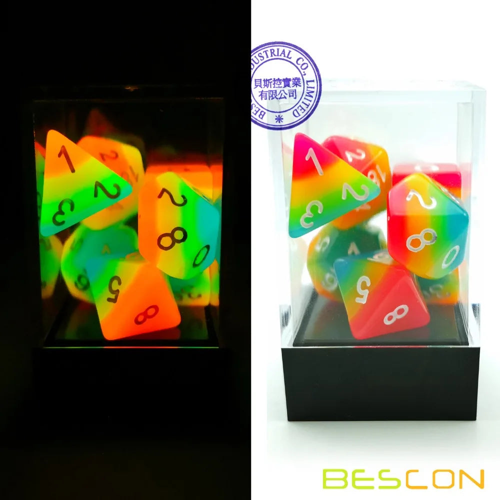 Bescon Fantasy Rainbow Glowing Polyhedral Dice 7pcs Set MIDNIGHT CANDY, Luminous RPG Dice Set Glow in Dark,Novelty DND Game Dice