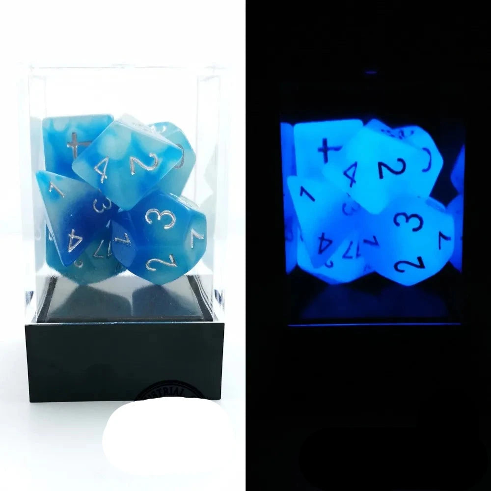 Bescon Gemini Glowing Polyhedral Dice 7pcs Set ICY ROCKS, Luminous RPG Dice Set d4 d6 d8 d10 d12 d20 d%, Brick Box Packaging