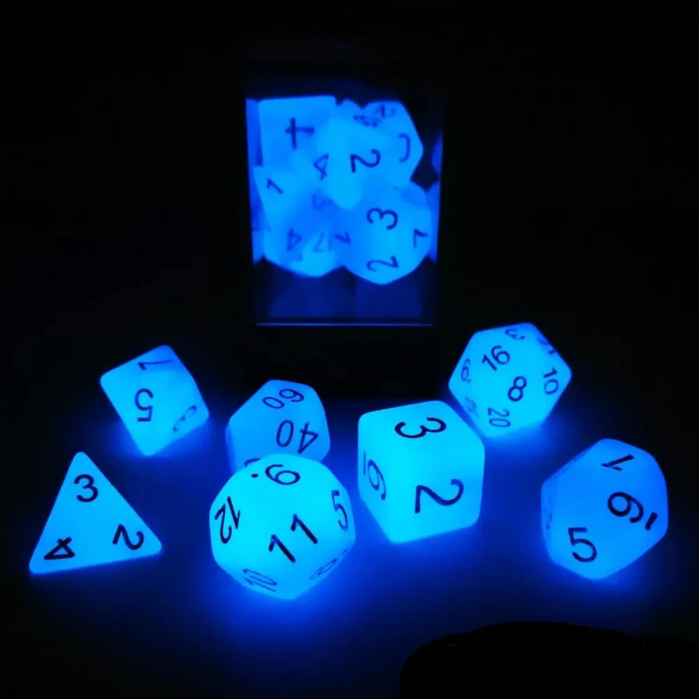 Bescon Gemini Glowing Polyhedral Dice 7pcs Set ICY ROCKS, Luminous RPG Dice Set d4 d6 d8 d10 d12 d20 d%, Brick Box Packaging