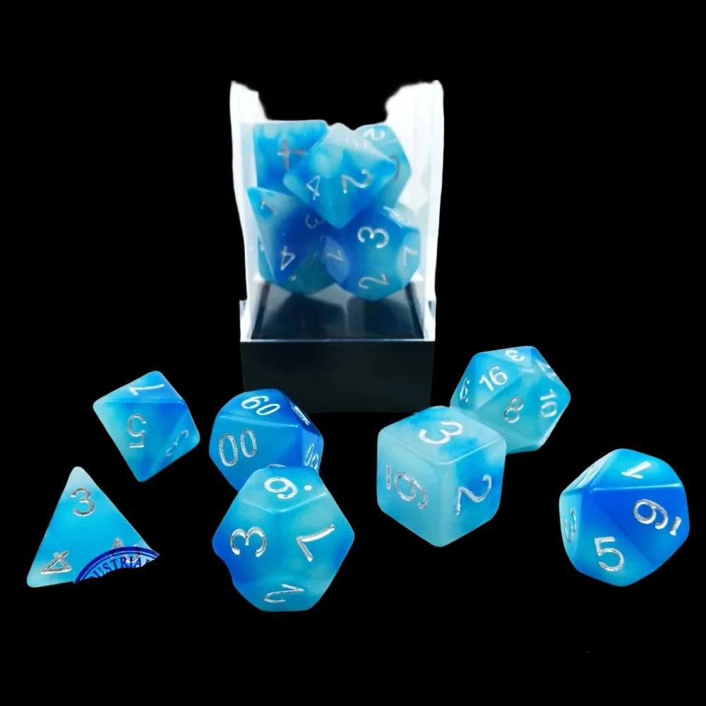 Bescon Gemini Glowing Polyhedral Dice 7pcs Set ICY ROCKS, Luminous RPG Dice Set d4 d6 d8 d10 d12 d20 d%, Brick Box Packaging