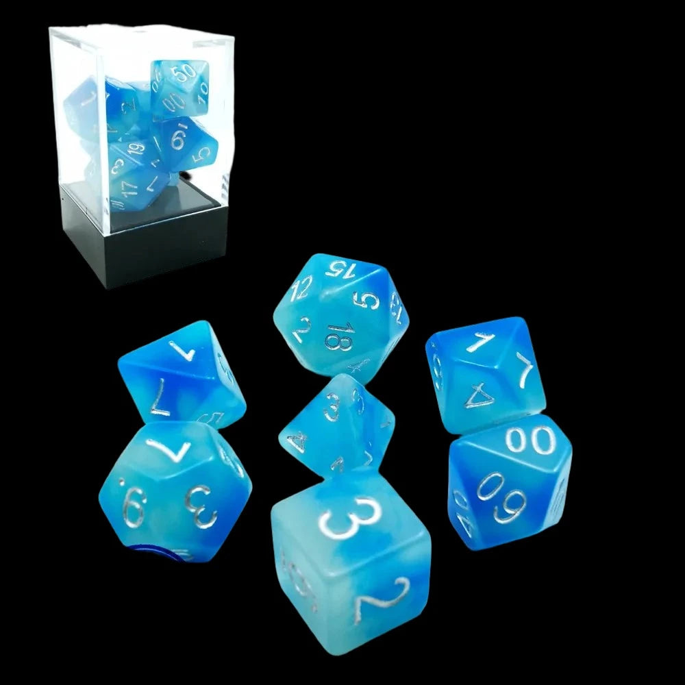 Bescon Gemini Glowing Polyhedral Dice 7pcs Set ICY ROCKS, Luminous RPG Dice Set d4 d6 d8 d10 d12 d20 d%, Brick Box Packaging