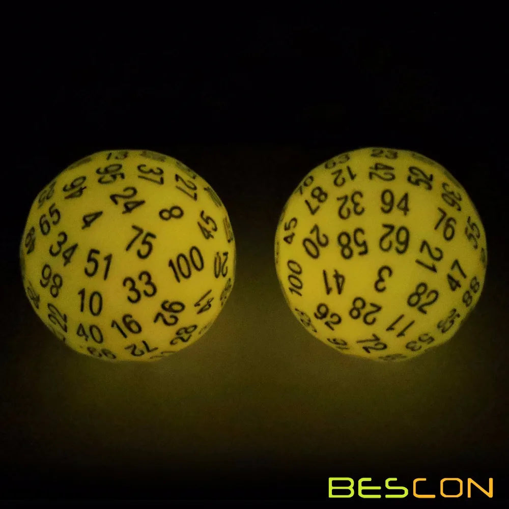 Bescon Glow in Dark Polyhedral 100 Sides Dice Glowing Yellow, Luminous D100 Dice, 100 Sided Cube, Glow-in-Dark D100 Game Dice