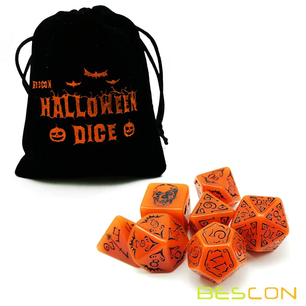 Bescon Glowing Halloween Polyhedral Dice 7pcs Set, Luminous Halloween RPG Dice Set, Glow in Dark Halloween DND Game Dice