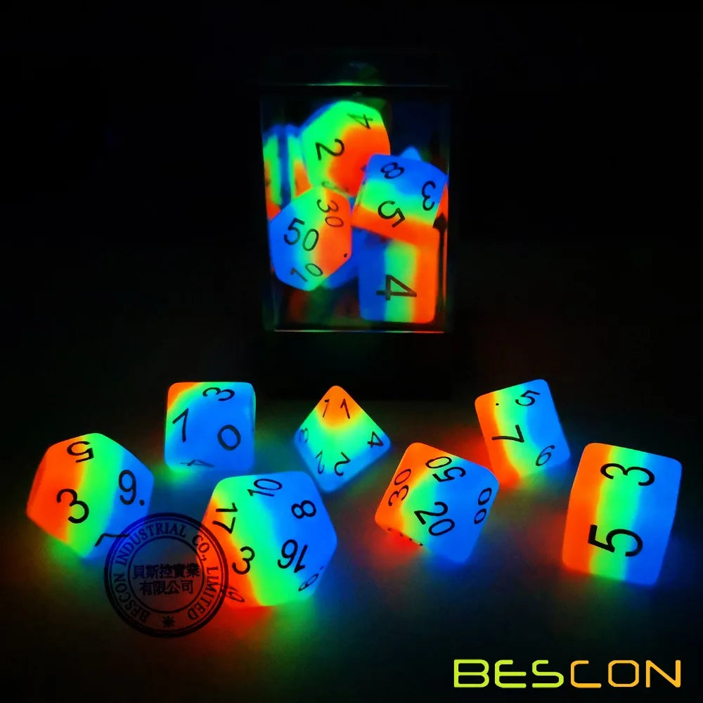 Bescon Glowing Polyhedral Dice 7pcs Set FRENCH KISS, Luminous RPG Dice Glow in Dark, DND Role Playing Game Dice