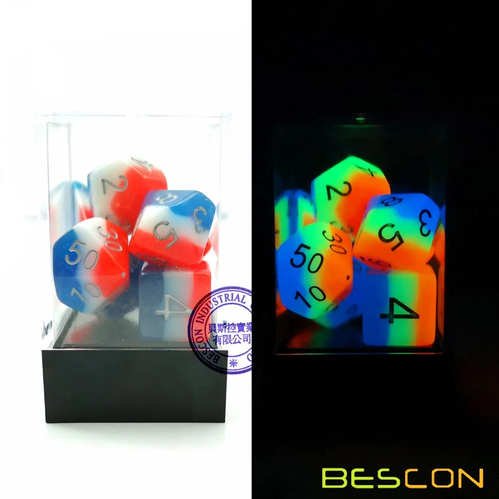 Bescon Glowing Polyhedral Dice 7pcs Set FRENCH KISS, Luminous RPG Dice Glow in Dark, DND Role Playing Game Dice