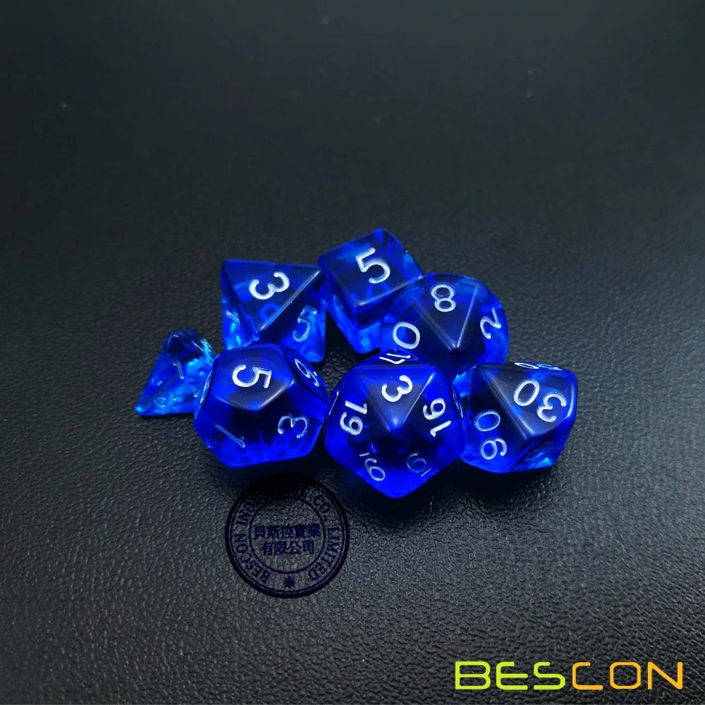 Bescon Mini Translucent Polyhedral RPG Dice Set 10MM, Small RPG Role Playing Game Dice Set D4-D20 in Tube, Transparent Blue