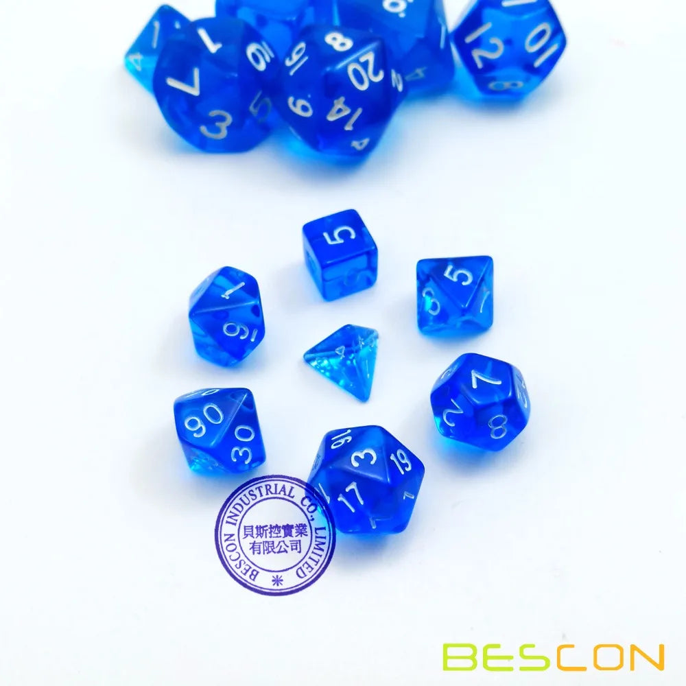 Bescon Mini Translucent Polyhedral RPG Dice Set 10MM, Small RPG Role Playing Game Dice Set D4-D20 in Tube, Transparent Blue