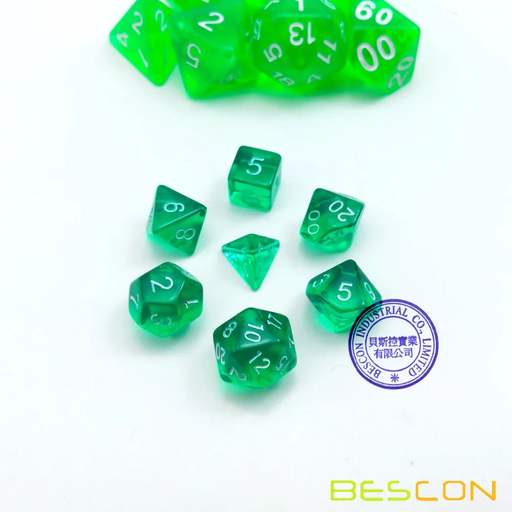 Bescon Mini Translucent Polyhedral RPG Dice Set 10MM, Small RPG Role Playing Game Dice Set D4-D20 in Tube, Transparent Green