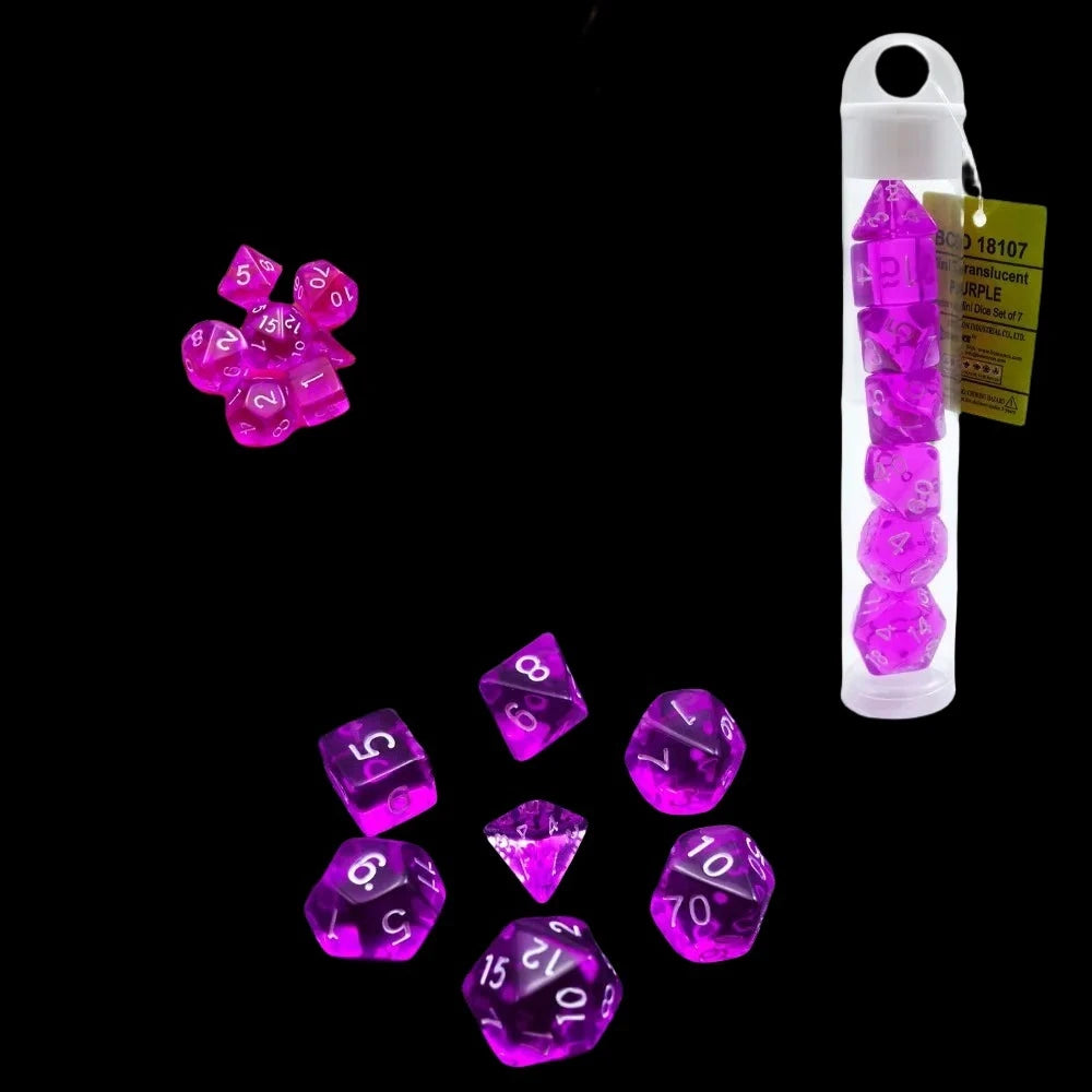 Bescon Mini Translucent Polyhedral RPG Dice Set 10MM, Small RPG Role Playing Game Dice Set D4-D20 in Tube, Transparent Purple