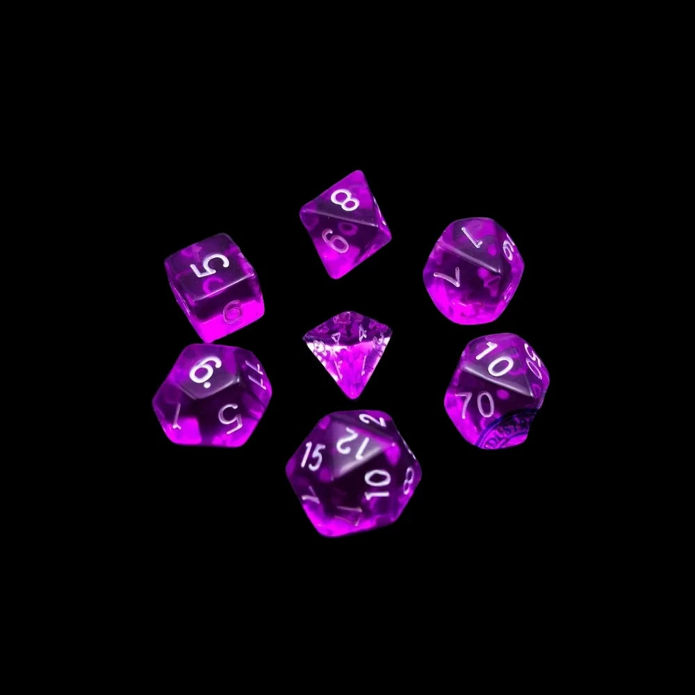 Bescon Mini Translucent Polyhedral RPG Dice Set 10MM, Small RPG Role Playing Game Dice Set D4-D20 in Tube, Transparent Purple