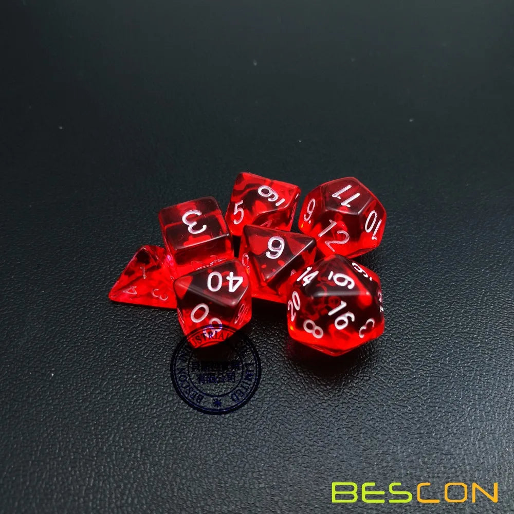 Bescon Mini Translucent Polyhedral RPG Dice Set 10MM, Small RPG Role Playing Game Dice Set D4-D20 in Tube, Transparent Red