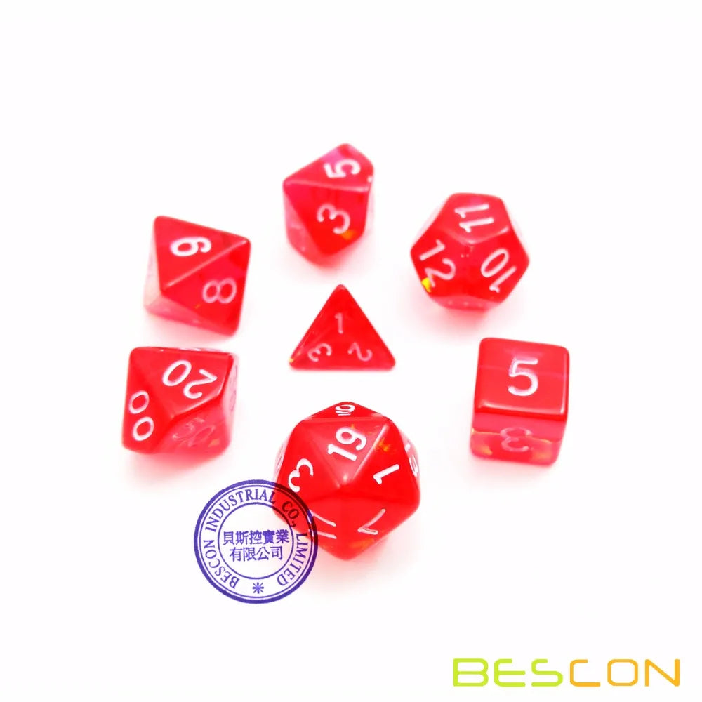 Bescon Mini Translucent Polyhedral RPG Dice Set 10MM, Small RPG Role Playing Game Dice Set D4-D20 in Tube, Transparent Red