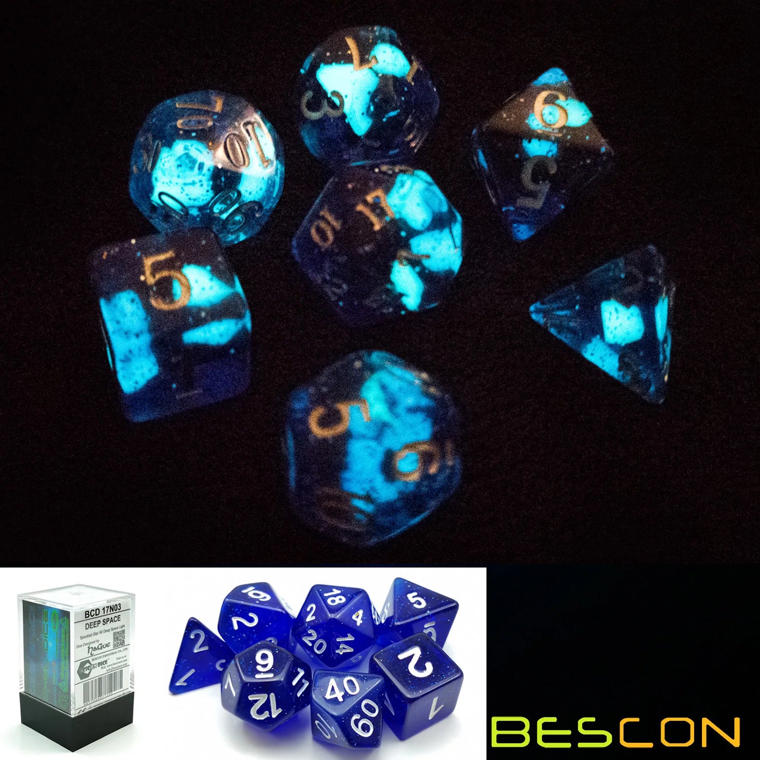 Bescon Super Glow in the Dark Glitter Polyhedral Dice Set DEEP SPACE, Luminous RPG Dice Set,Glowing Novelty DND Game Dice