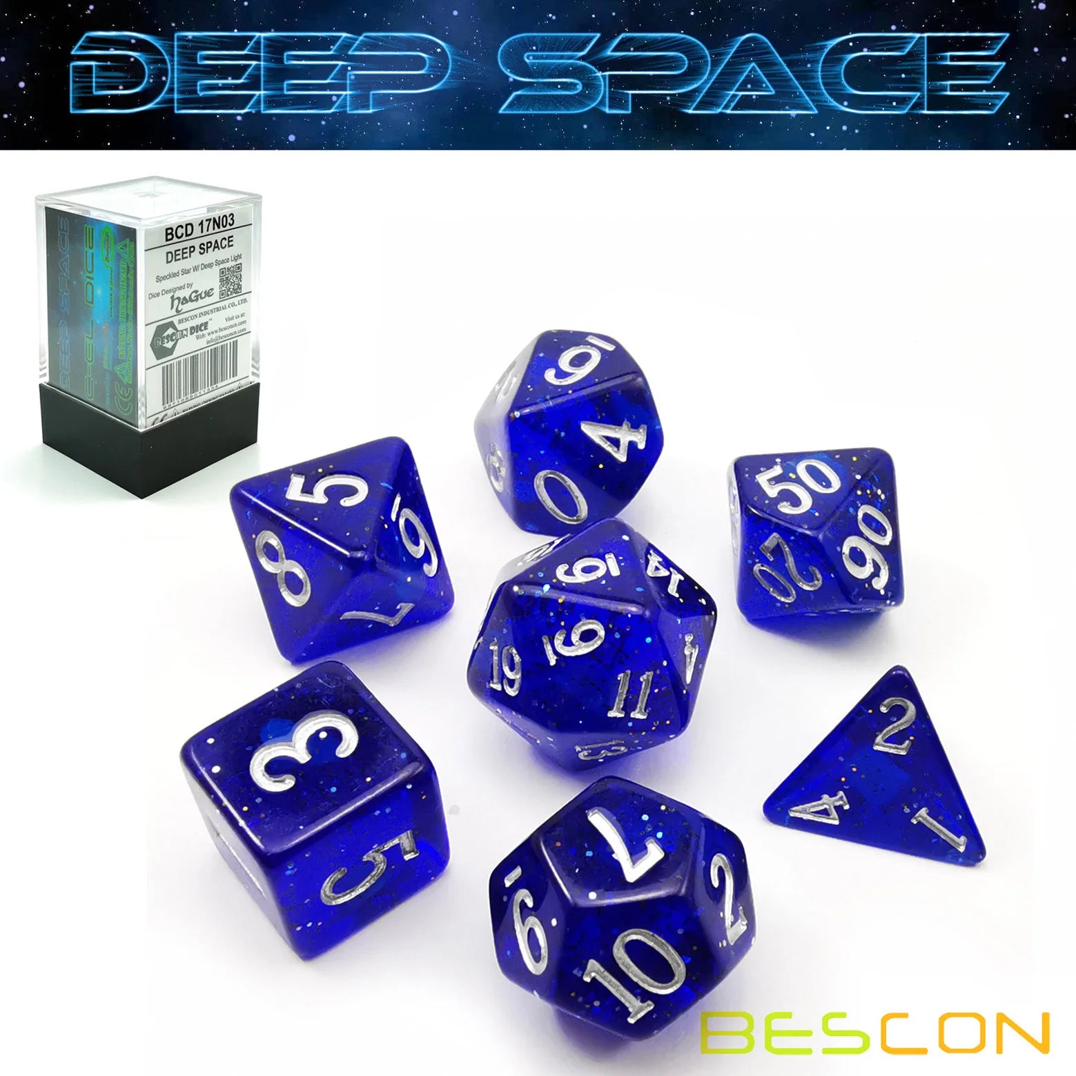 Bescon Super Glow in the Dark Glitter Polyhedral Dice Set DEEP SPACE, Luminous RPG Dice Set,Glowing Novelty DND Game Dice