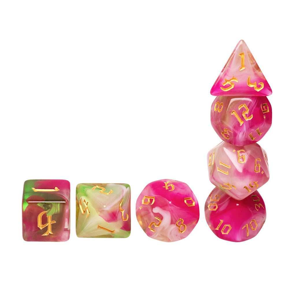 Superbloom 7-Dice Dnd Dice Pink | Green w/Gold Numbers Set - 