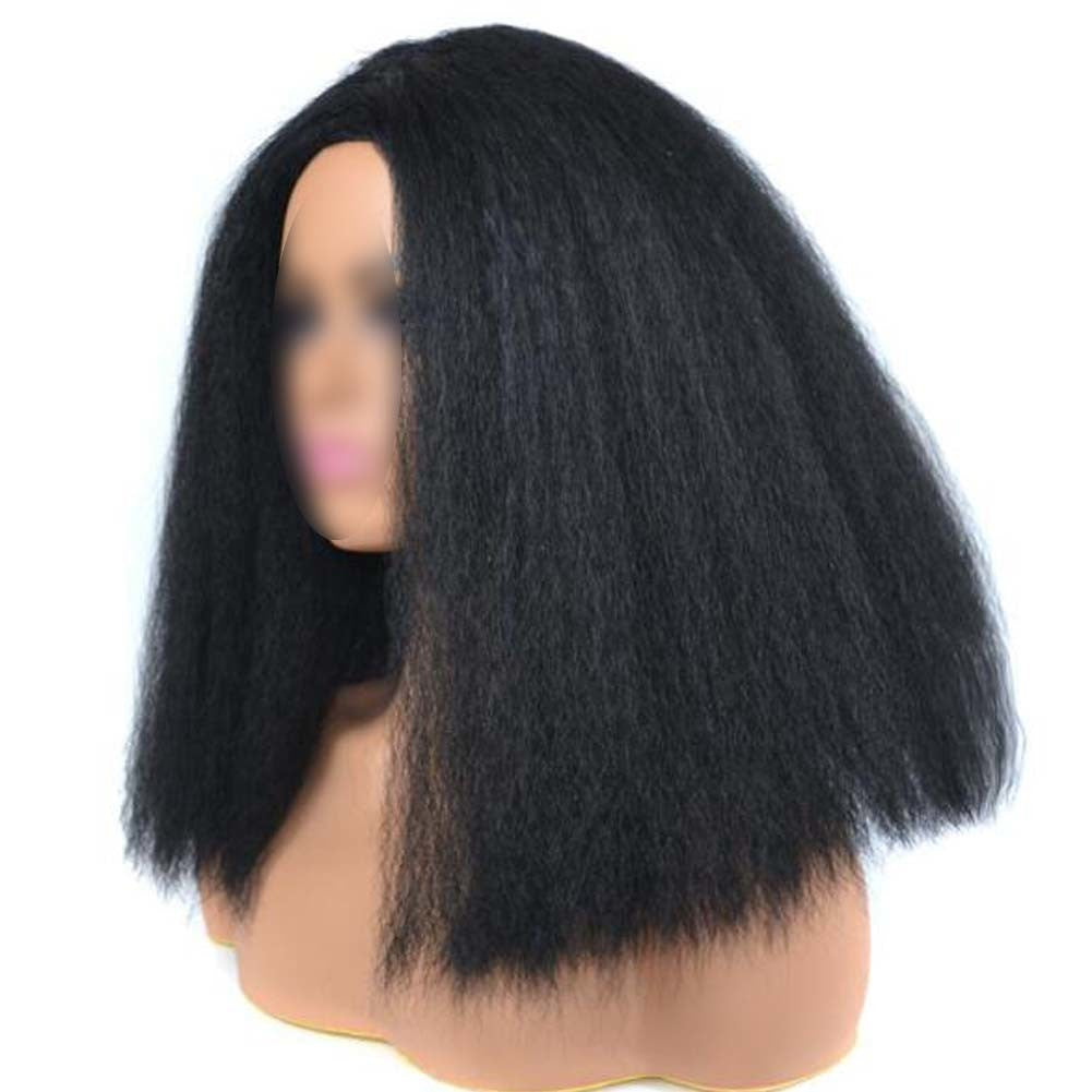 Black Afro Straight Bob Wigs Fluffy Synthetic Hair Yaki Straight Curly Medium Part Bang Full Wigs, 14Inch