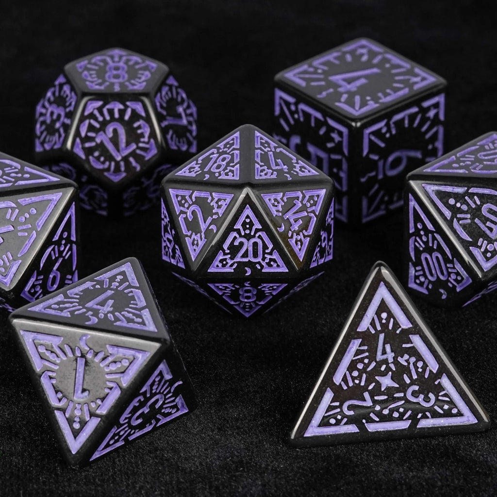 Black and purple rune acrylic DND dice set
