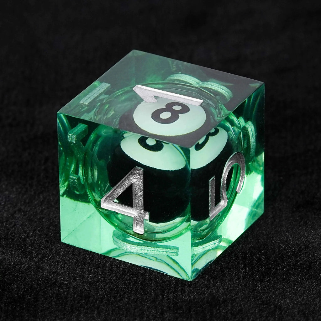 Black and White No. 8 Billiard Ball Core Green Resin DND Dice Set + Silver Font