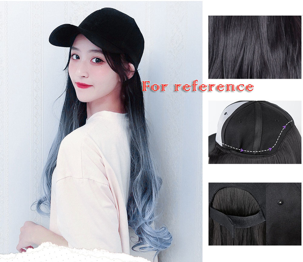 Black Baseball Cap with Green Long Wavy Wig Mixed Color Synthetic Hair Extension Hat Wig Cap