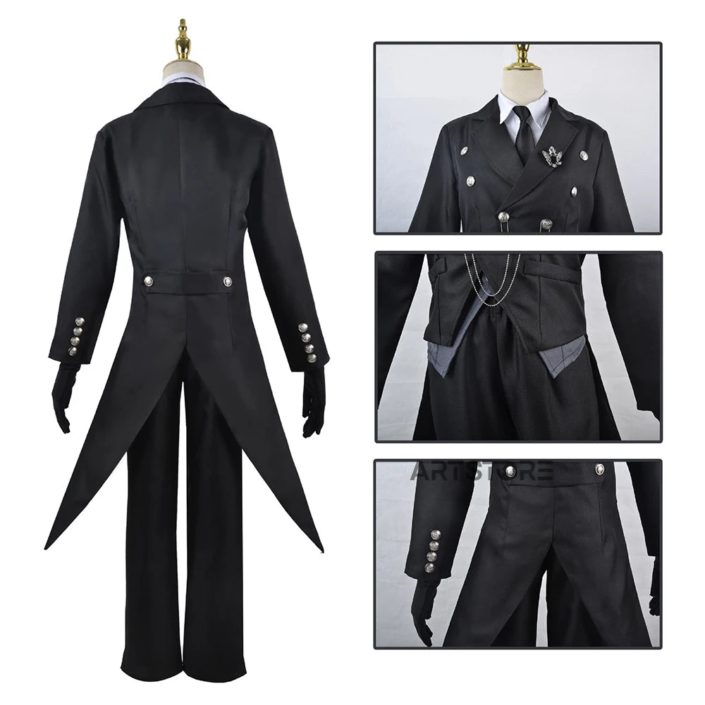 Black Butler Cosplay Japanese Anime Kuroshitsuji Sebastian Michaelis Cosplay Costume Unisex Uniforms 8 piece with Tattoo Sticker