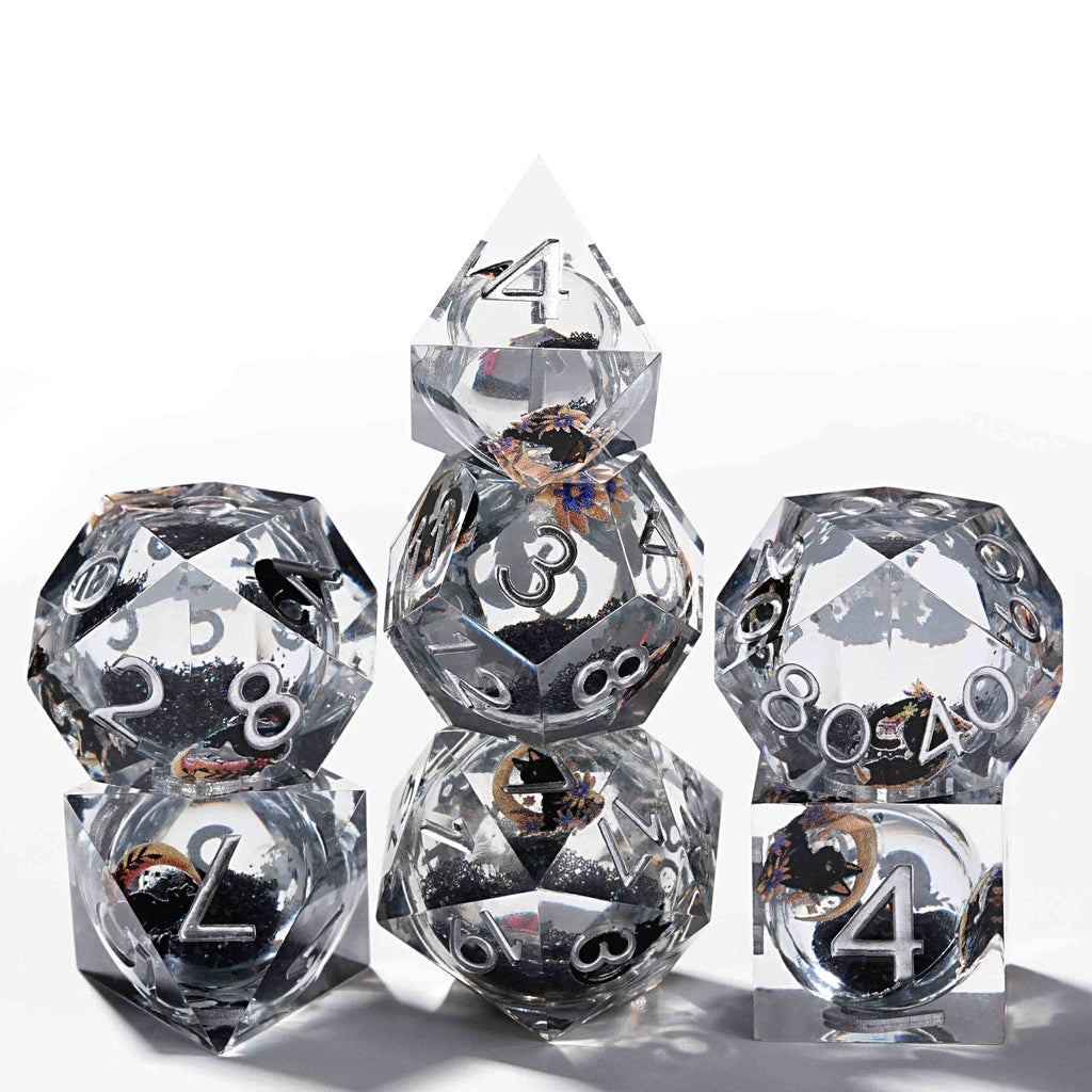 Moon Night Shadow Cat Guardian Unusual White Resin DnD Dice Set