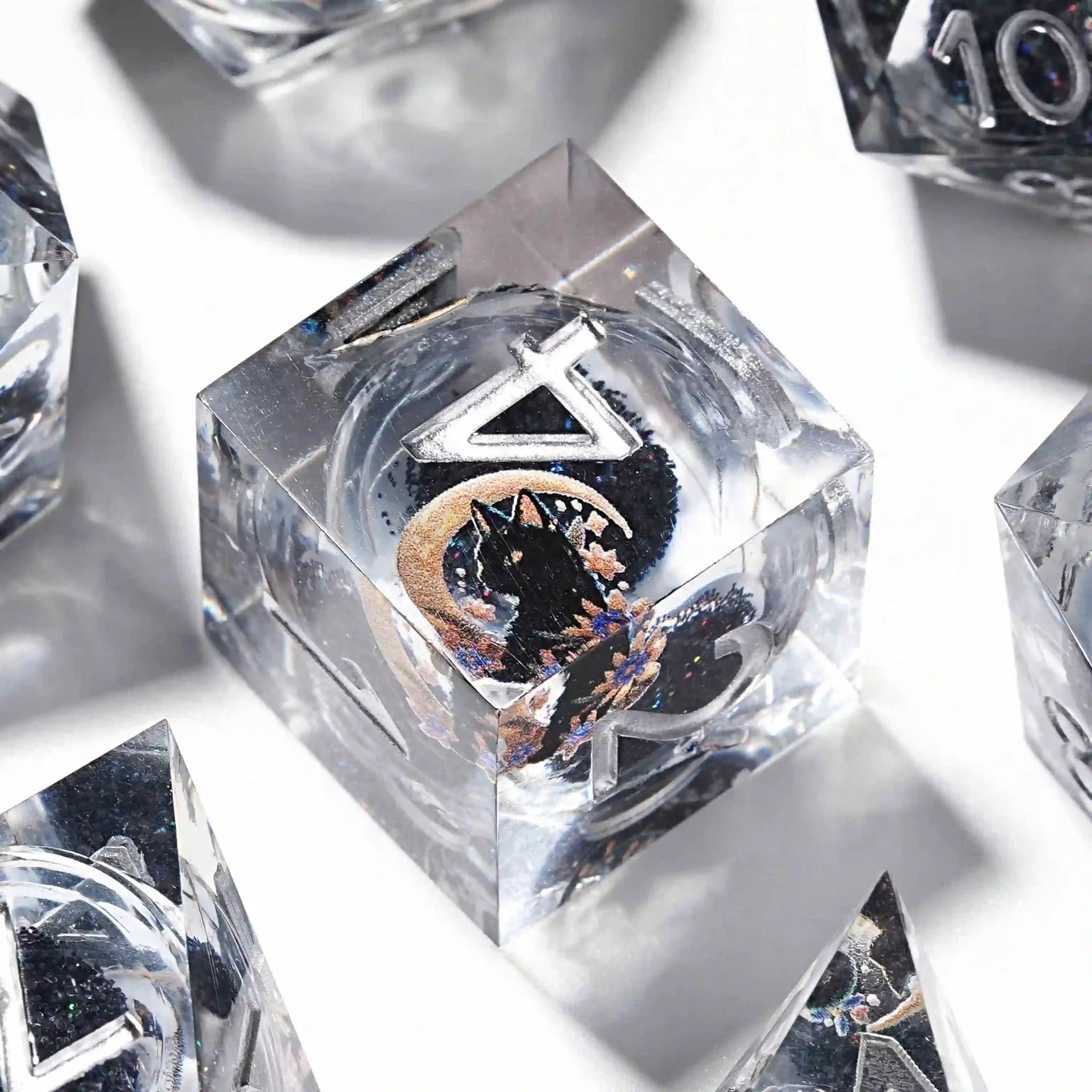 Moon Night Shadow Cat Guardian Unusual White Resin DnD Dice Set