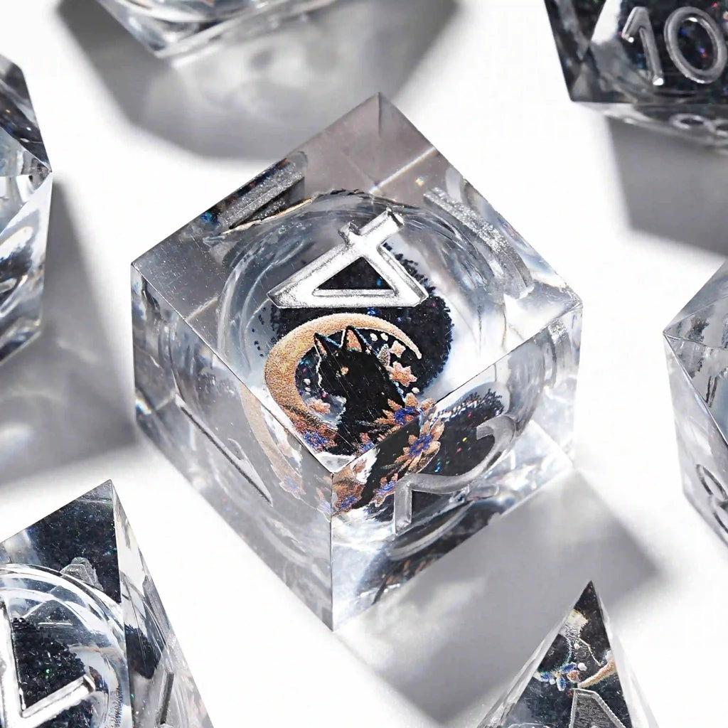 Black Cat Liquid Core Clear Resin D&D Dice, Quicksand Dice Set