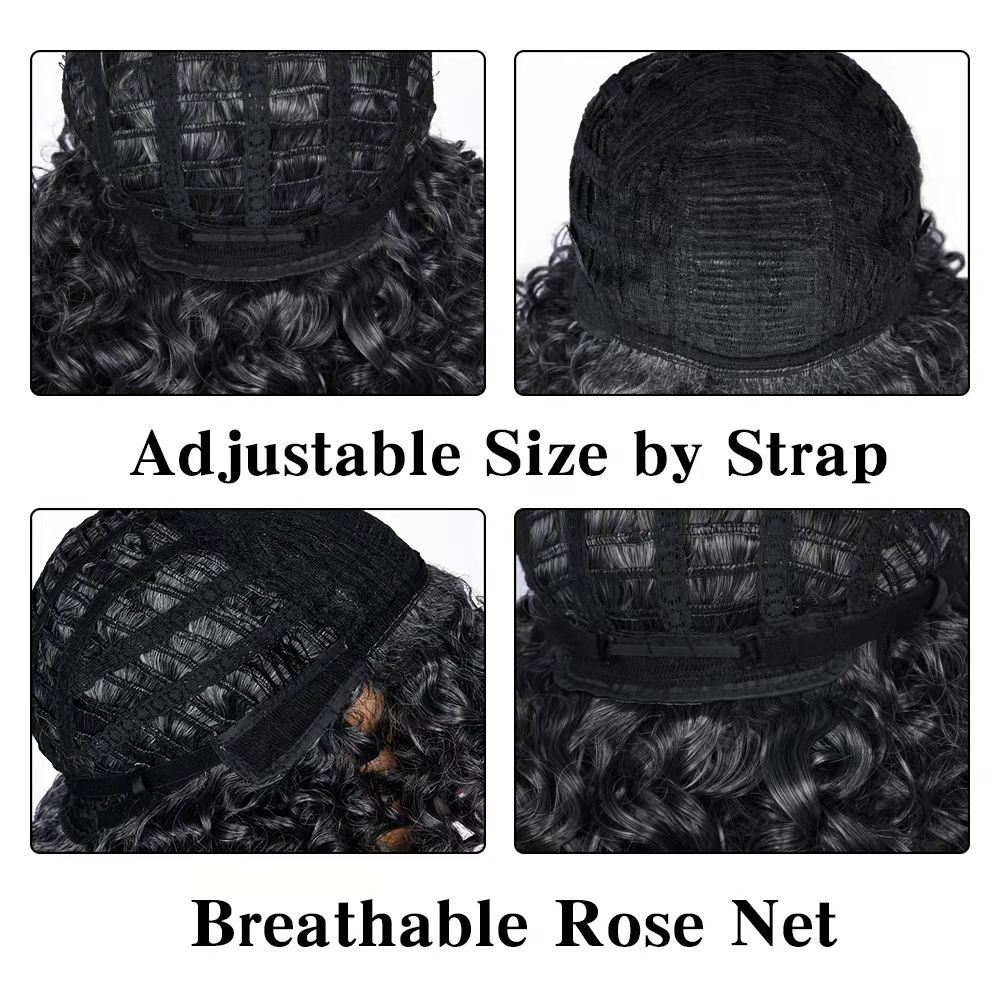 Black high-temperature silk wig women's short curly hair rose net chemical fiber headgear