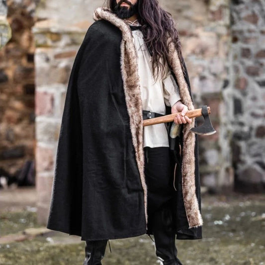 Black Hooded Viking Cloak | Brown Faux Fur Trim