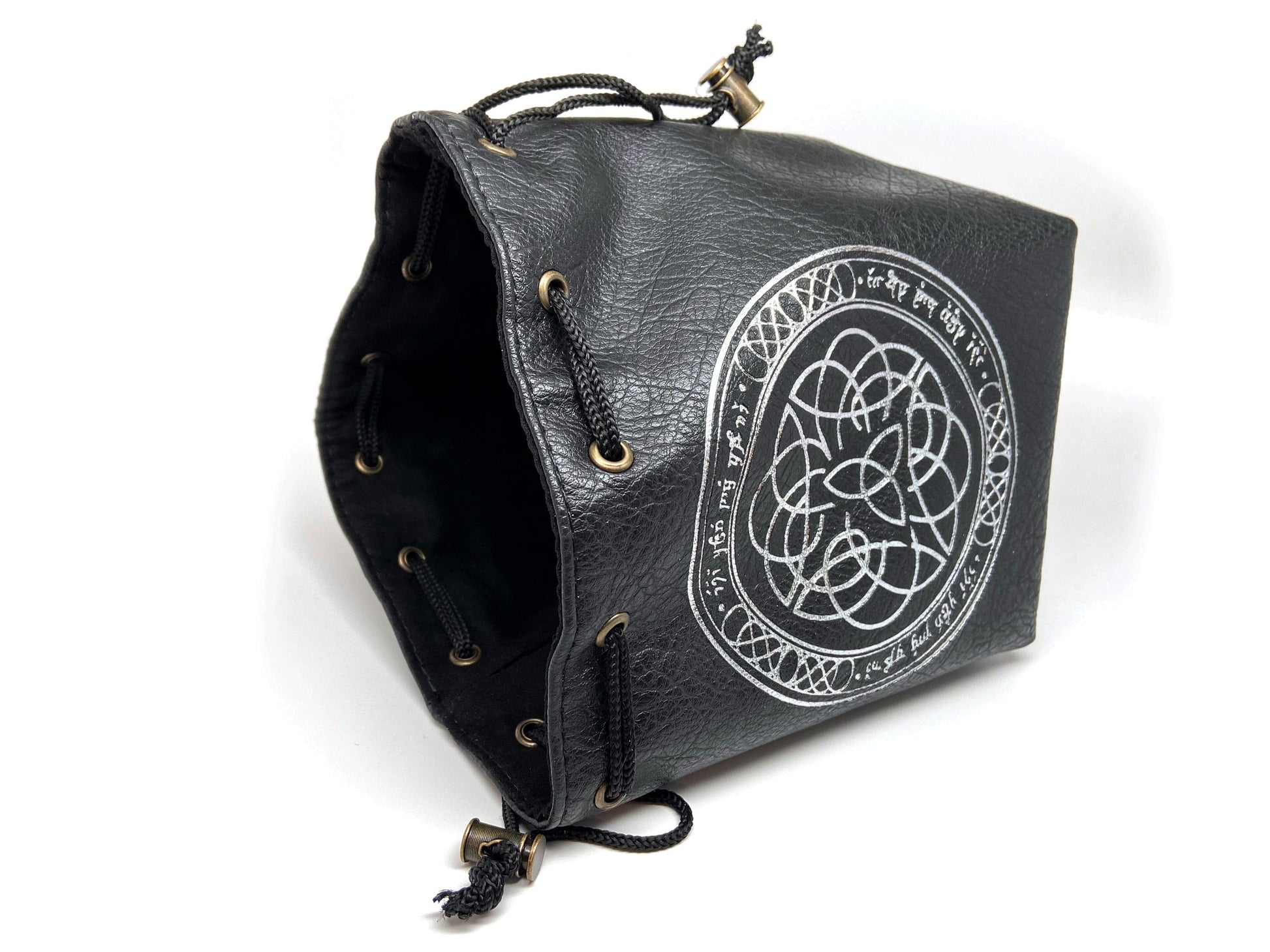 Black Leather Lite Elven Runes Design Self-Standing Large Dice Bag