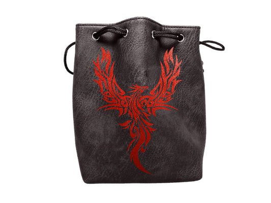 Black Leather Lite Phoenix Design Self-Standing Large Dice Bag