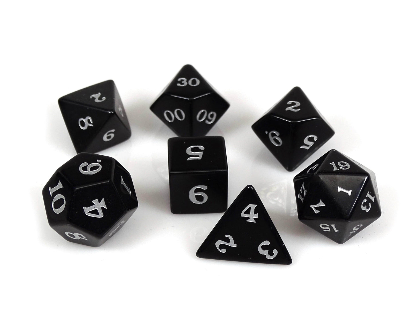 Black Obsidian Dice Set - Silver Signature Font - 