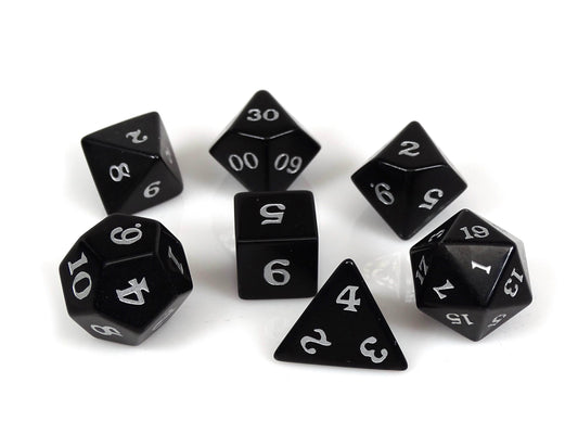 Black Obsidian Dice Set - Silver Signature Font - 