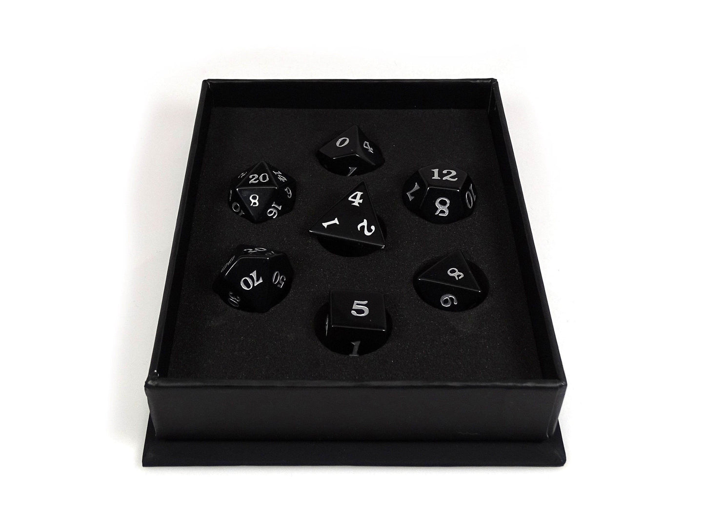 Black Obsidian Dice Set - Silver Signature Font - 