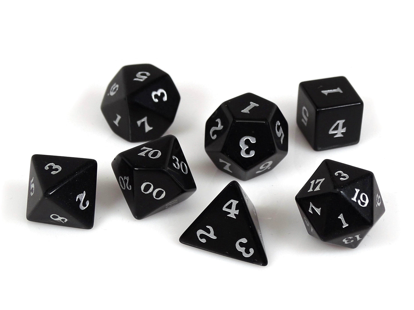 Black Obsidian Dice Set - Silver Signature Font - 