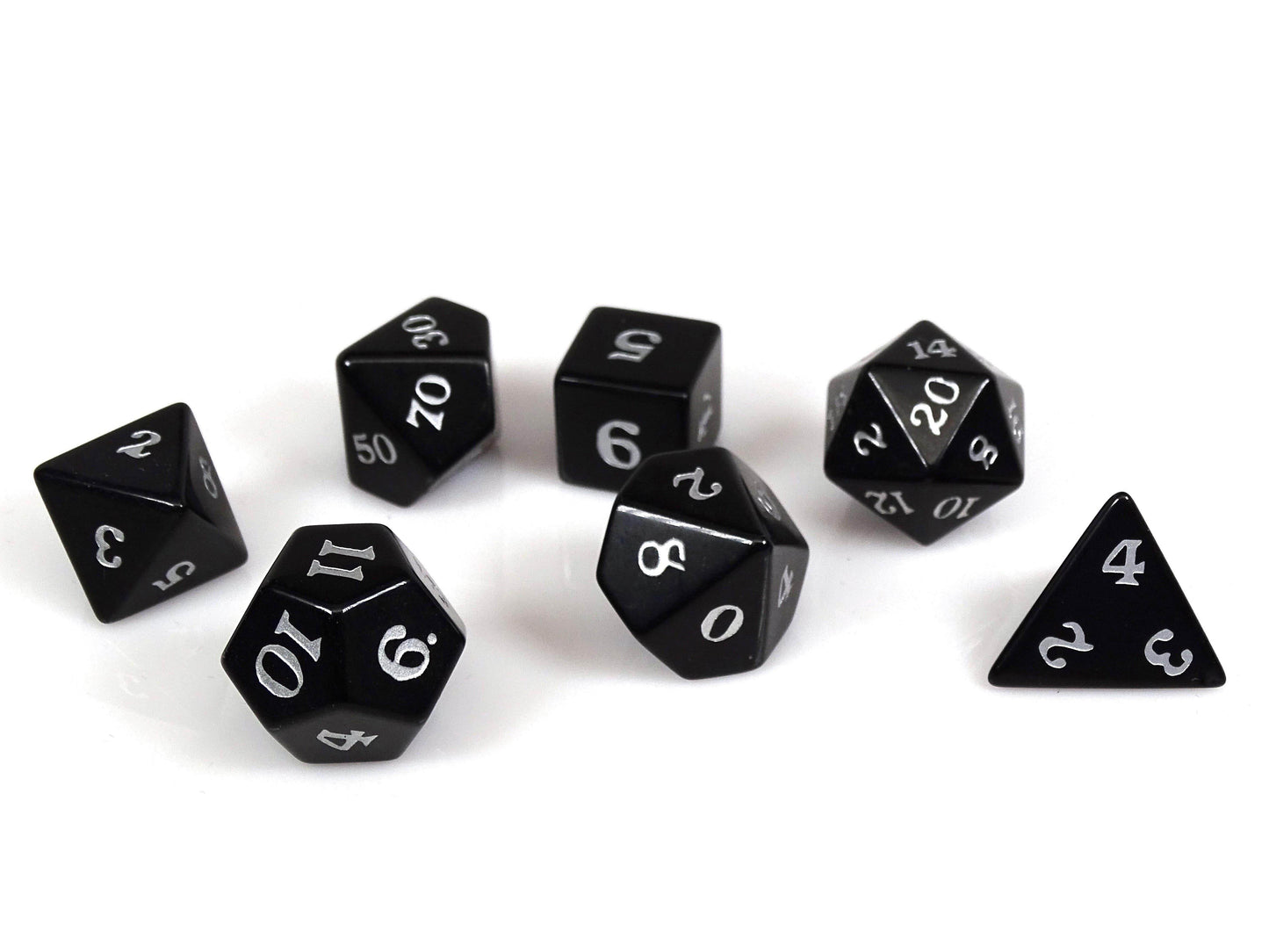 Black Obsidian Dice Set - Silver Signature Font - 