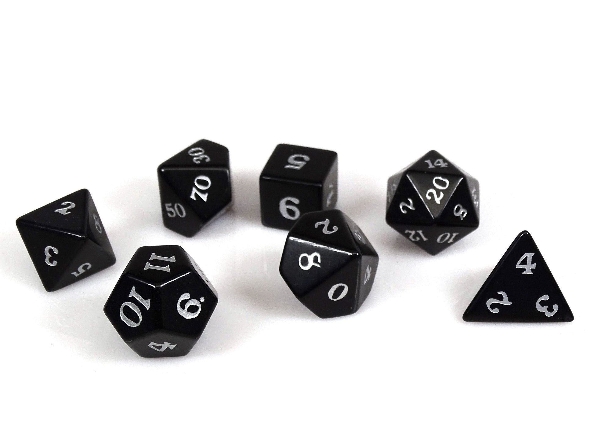 Black Obsidian Dice Set - Silver Signature Font