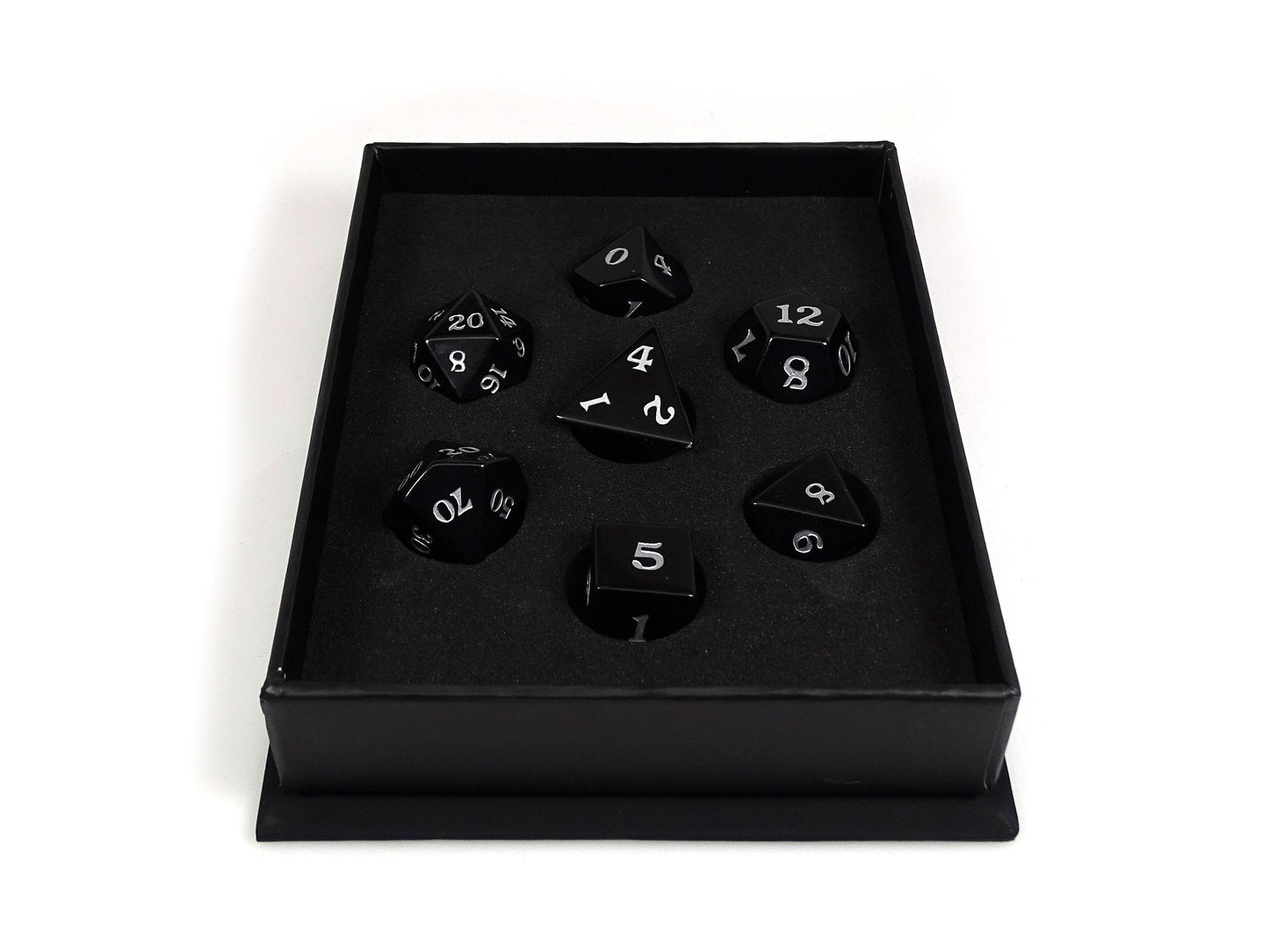 Black Obsidian Dice Set - Silver Signature Font